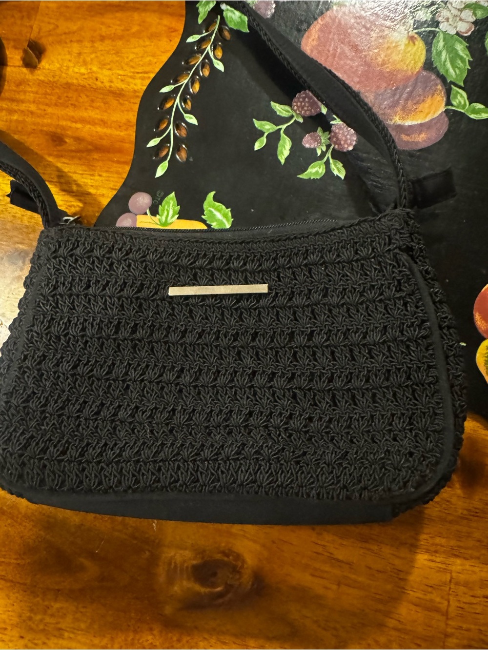 Source Unknown Black Crochet Crossbody Bag with Silver Accent